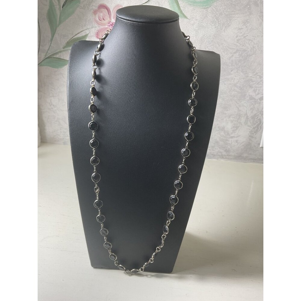 Long Vintage Black Faceted Bead Necklace With Silver Chain